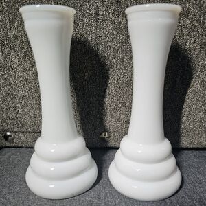 2 Vintage Randall Banded White Milk Glass Bud Vase Set Two 6" Tall Beehive decor